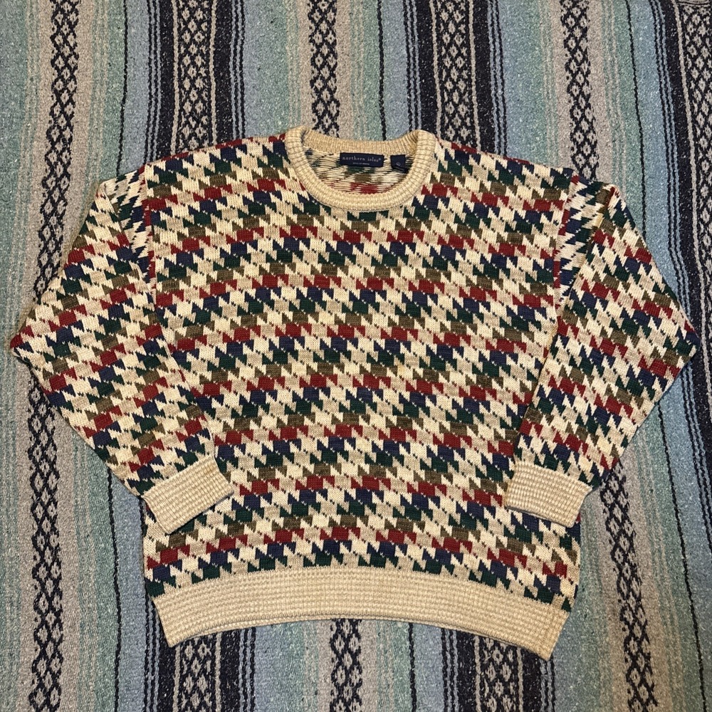Vintage Northern Isles Mens XL Knit Sweater Geometric 90s Dad Grandpa Retro